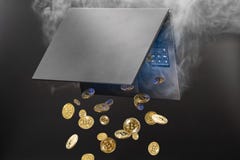 Concept of mining cryptocurrency, Bitcoins generated from steaming laptop stock photos Concept of mining cryptocurrency, Bitcoins generated from steaming laptop stock photos