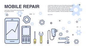 Concept of mobile phone repair. Horizontal banner with smartphone and tools. Service electronic technic. Colorful vector royalty free illustration Concept of mobile phone repair. Horizontal banner with smartphone and tools. Service electronic technic. Colorful vector royalty free illustration