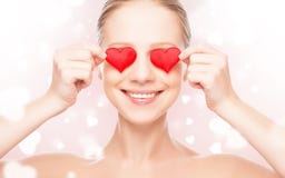 Concept Of Valentine S Day. Woman With A Red Heart On Eyes Stock Images