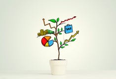 Drawn income tree in white pot for business investment savings and making money stock photos Drawn income tree in white pot for business investment savings and making money stock photos