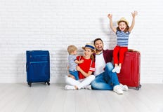 Concept travel and tourism. happy family with suitcases near w royalty free stock photos Concept travel and tourism. happy family with suitcases near w royalty free stock photos