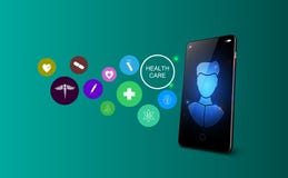 Concept télé- en ligne de médecine Consultation médicale et traitement par l'intermédiaire d'application de smartphone Illustrati illustration de vecteur Concept télé- en ligne de médecine Consultation médicale et traitement par l'intermédiaire d'application de smartphone Illustrati illustration de vecteur