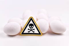 Concept for unhealthy or toxic substances in food like antibiotic residues or salmonella bacteria with skull warning sign on eggs