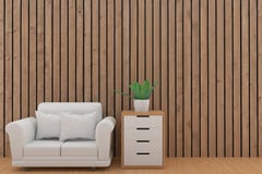 Conception blanche minimaliste de sofa avec l'usine dans la pièce en bois de planche dans le rendu 3D Photo libre de droits Conception blanche minimaliste de sofa avec l'usine dans la pièce en bois de planche dans le rendu 3D Photo libre de droits
