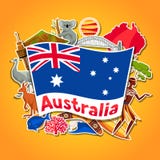 Conception de fond d'Australie Symboles et objets traditionnels australiens d'autocollant illustration stock Conception de fond d'Australie Symboles et objets traditionnels australiens d'autocollant illustration stock