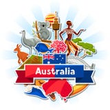 Conception de fond d'Australie Symboles et objets traditionnels australiens d'autocollant illustration libre de droits Conception de fond d'Australie Symboles et objets traditionnels australiens d'autocollant illustration libre de droits