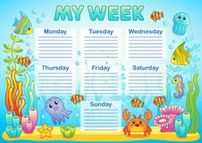 Conception de l'horaire d'école pour des enfants Fond sous-marin lumineux pour la planification de la semaine d'école illustration stock Conception de l'horaire d'école pour des enfants Fond sous-marin lumineux pour la planification de la semaine d'école illustration stock