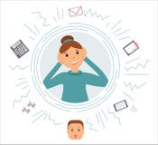 Concepto de actividad: Contable de mujer sonriente hermoso de la clase ocupada misma con muchos pensamientos sobre trabajo Hay un libre illustration Concepto de actividad: Contable de mujer sonriente hermoso de la clase ocupada misma con muchos pensamientos sobre trabajo Hay un libre illustration