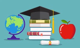 Concepto de la educación Sombrero graduado, globo, libros stock de ilustración Concepto de la educación Sombrero graduado, globo, libros stock de ilustración