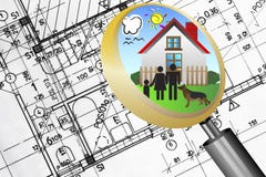 Concepto del asunto de las propiedades inmobiliarias del modelo del plan arquitectónico con la familia feliz de la lente de la lup stock de ilustración Concepto del asunto de las propiedades inmobiliarias del modelo del plan arquitectónico con la familia feliz de la lente de la lup stock de ilustración