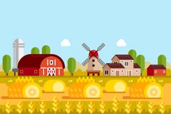Concepto del cultivo y de la agricultura Vector el ejemplo plano de los campos de trigo, molino, casas del pueblo ilustración del vector Concepto del cultivo y de la agricultura Vector el ejemplo plano de los campos de trigo, molino, casas del pueblo ilustración del vector