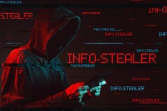 Concepto del stealer de la información con la persona masculina encapuchada anónima fotos de archivo Concepto del stealer de la información con la persona masculina encapuchada anónima fotos de archivo