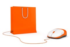 Concepto en línea de las compras. Ratón del panier y del ordenador fotografía de archivo libre de regalías Concepto en línea de las compras. Ratón del panier y del ordenador fotografía de archivo libre de regalías