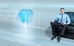 Concepto mandón del hombre de negocios en el futuro foto de archivo Concepto mandón del hombre de negocios en el futuro foto de archivo