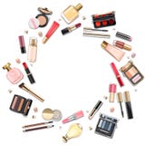 Concepto redondo de los cosméticos del maquillaje del vector stock de ilustración Concepto redondo de los cosméticos del maquillaje del vector stock de ilustración