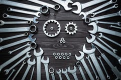 Concept composition of spanners and skull or robot stock images Concept composition of spanners and skull or robot stock images