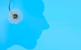 Conceptual work. Man and nature. Flower and the silhouette of a man`s head on a blue background. A man listening to music on