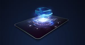 Concevoir une voiture sur un comprimé Hologramme de la voiture de l'avenir dans le GUI de HUD UI de style Graphique virtuel abstr illustration stock Concevoir une voiture sur un comprimé Hologramme de la voiture de l'avenir dans le GUI de HUD UI de style Graphique virtuel abstr illustration stock
