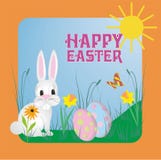 Conejito de pascua hermoso y lindo que oculta o que busca los huevos Texto Pascua feliz ilustración del vector Conejito de pascua hermoso y lindo que oculta o que busca los huevos Texto Pascua feliz ilustración del vector