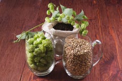 Cones of hops, pale caramel malt in glass mugs and chocolate malt in bag, closeup. Ingredient in craft beer brewing from grain ba stock photo Cones of hops, pale caramel malt in glass mugs and chocolate malt in bag, closeup. Ingredient in craft beer brewing from grain ba stock photo