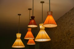 Cones Shaped Vintage Retro Style Electrical Ceiling Lights At Night Stock Photo