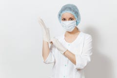 Confident experienced young doctor woman with face mask, sterile hat, gloves isolated on white background. Female stock photography Confident experienced young doctor woman with face mask, sterile hat, gloves isolated on white background. Female stock photography
