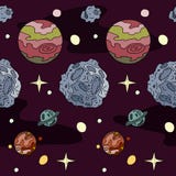 Configuration sans joint Planètes, étoiles et asteroïdes sur le fond pourpre illustration libre de droits Configuration sans joint Planètes, étoiles et asteroïdes sur le fond pourpre illustration libre de droits