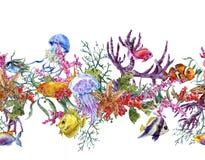 Confine senza cuciture d'annata di vita di mare dell'acquerello di estate Immagine Stock Libera da Diritti Confine senza cuciture d'annata di vita di mare dell'acquerello di estate Immagine Stock Libera da Diritti