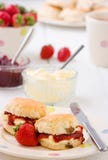 Confiture de fraise Home-baked de scones, crème coagulée. Images stock Confiture de fraise Home-baked de scones, crème coagulée. Images stock