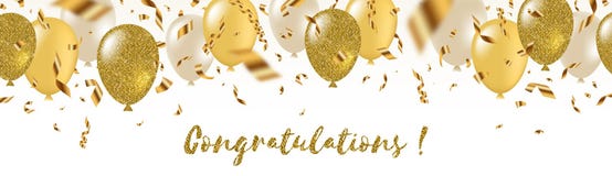 Congratulations - celebratory greeting banner - white, yellow, glitter gold balloons and golden foil confetti.