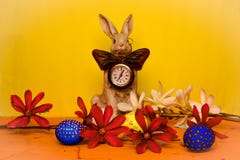 Coniglietto di pasqua con un orologio sul suo petto circondato dai fiori della molla con le uova blu, gialle e bianche immagine stock Coniglietto di pasqua con un orologio sul suo petto circondato dai fiori della molla con le uova blu, gialle e bianche immagine stock