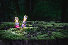 Coniglietto ed uova di pasqua del cioccolato nascosti da un albero fotografia stock Coniglietto ed uova di pasqua del cioccolato nascosti da un albero fotografia stock
