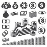Conjunto del icono del dinero y de la moneda. ilustración del vector Conjunto del icono del dinero y de la moneda. ilustración del vector