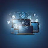 Connessioni di rete di Digital, fondo di tecnologia - concetto di progetto di calcolo della nuvola con i dispositivi mobili, icon illustrazione vettoriale Connessioni di rete di Digital, fondo di tecnologia - concetto di progetto di calcolo della nuvola con i dispositivi mobili, icon illustrazione vettoriale