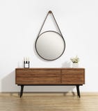 Console table with captain's round mirror