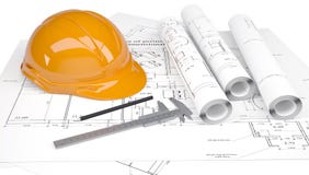 Construction Helmet And Calipers In The Drawings Stock Image