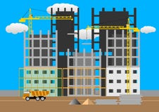 Construction of multi-storey buildings. construction of residential houses construction site concept design flat style vector royalty free illustration Construction of multi-storey buildings. construction of residential houses construction site concept design flat style vector royalty free illustration