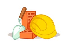 Construction tools - Trowel, bricks and safety helmet vector illustration stock illustration Construction tools - Trowel, bricks and safety helmet vector illustration stock illustration
