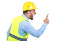 Construtor ou construtor irritado que gritam em alguém como o conceito da fúria isolado no fundo branco com copyspace fotografia de stock royalty free Construtor ou construtor irritado que gritam em alguém como o conceito da fúria isolado no fundo branco com copyspace fotografia de stock royalty free