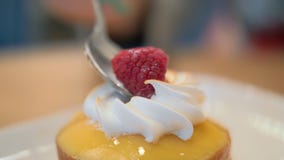 Consumición del postre del restaurante con la torta, el merengue y la frambuesa de esponja metrajes Consumición del postre del restaurante con la torta, el merengue y la frambuesa de esponja metrajes