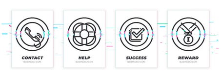 Contact, hulp, succes, beloning Het bedrijfsthema glitched zwarte geplaatste pictogrammen stock illustratie Contact, hulp, succes, beloning Het bedrijfsthema glitched zwarte geplaatste pictogrammen stock illustratie