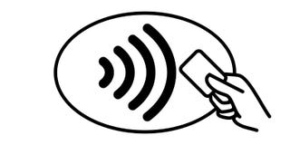 Contactless payment vector icon. Credit card hand, wireless NFC pay wave and contactless pay pass logo