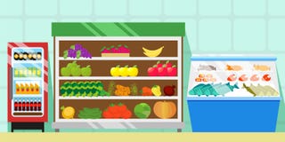 Contadores com alimento, vegetais e frutos Refrigerador com refrescos Mostra com carne, peixes e salsichas comércio ilustração royalty free Contadores com alimento, vegetais e frutos Refrigerador com refrescos Mostra com carne, peixes e salsichas comércio ilustração royalty free