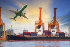 Container ship loading on port and cargo plane flying above for water and air transportation industry stock photos Container ship loading on port and cargo plane flying above for water and air transportation industry stock photos