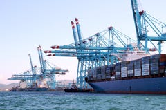 Containerschip Maersk die Sarat met containerskranen werken Stock Foto Containerschip Maersk die Sarat met containerskranen werken Stock Foto
