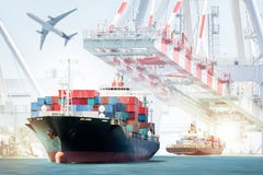 Containervrachtschip en vrachtvliegtuig voor logistische invoer-uitvoerachtergrond royalty-vrije stock foto Containervrachtschip en vrachtvliegtuig voor logistische invoer-uitvoerachtergrond royalty-vrije stock foto