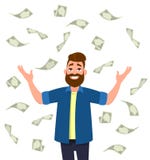 Contant geld/geld/muntrekeningen die rond de jonge mens vallen vector illustratie Contant geld/geld/muntrekeningen die rond de jonge mens vallen vector illustratie