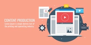 Content production, development, blogging, video content, article writing concept. Flat design vector illustration. Stock Image Content production, development, blogging, video content, article writing concept. Flat design vector illustration. Stock Image