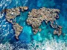 Continents earth are made up of garbage, surrounded by ocean water. Concept environmental pollution with plastic and