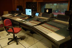 The control room of a professional music recording studio
